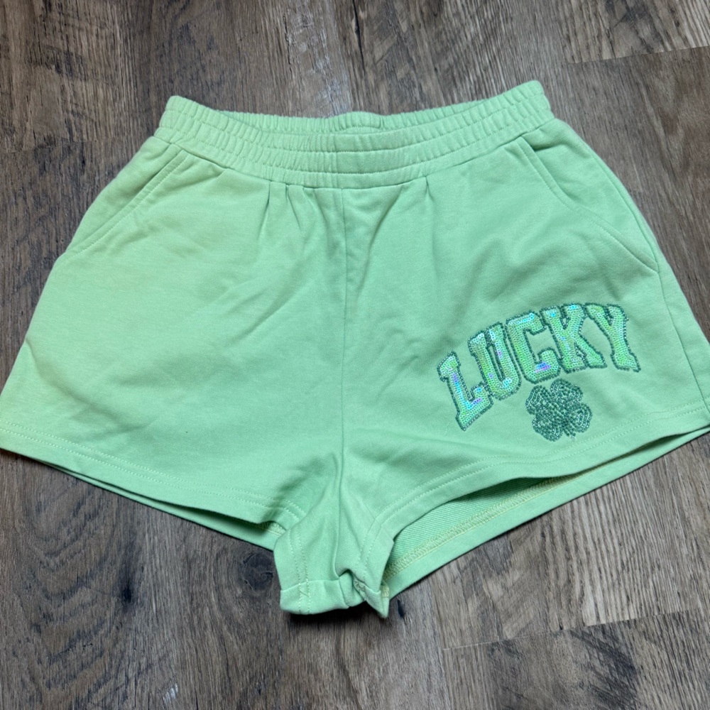 Queen of Sparkles “Lucky” Rhinestone Shorts – Green Sequin Clover XS NWT
